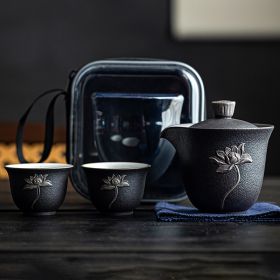 One Pot Two Cups Ceramic Portable Tea Set (Color - Print: Black)