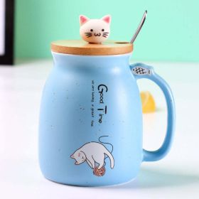 Cartoon Cat Ceramic Coffee Mug with lid (Color: Blue)