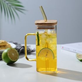 Stylish Glass Cups With Lids And Straws (Color: Yellow)